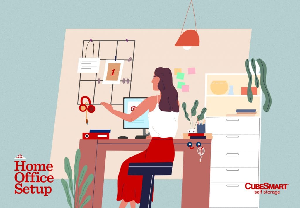woman stiing at organized home office desk