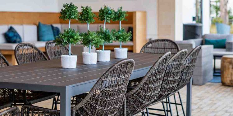 Outdoor table and wicker chairs