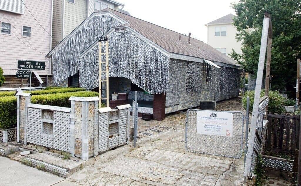 house covered in recycled beer cans in Houston, Texas