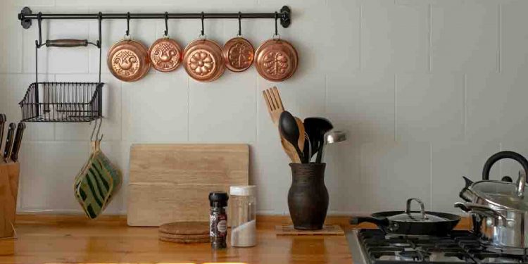 Vintage kitchen with copper pot display