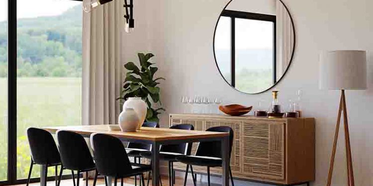 Modern neutral dining room with large windows