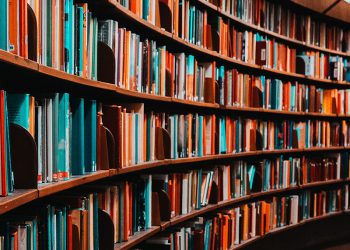 Bookshelves in a library.