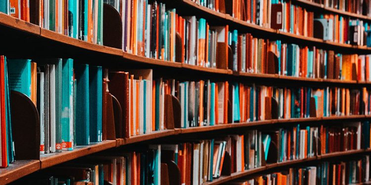 Bookshelves in a library.