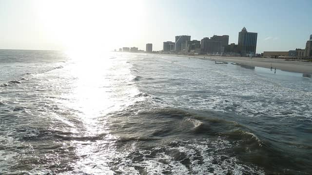 view of the beach and the casinos in Atlantic City, NJ