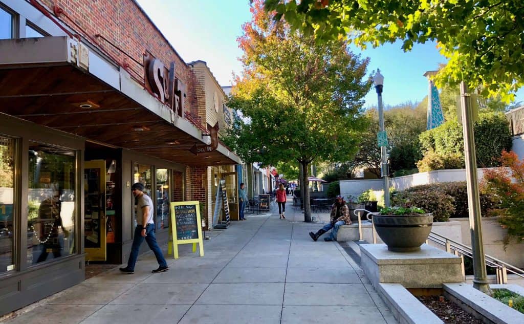 side walk view of stores in Decatur neighborhood of Atlanta