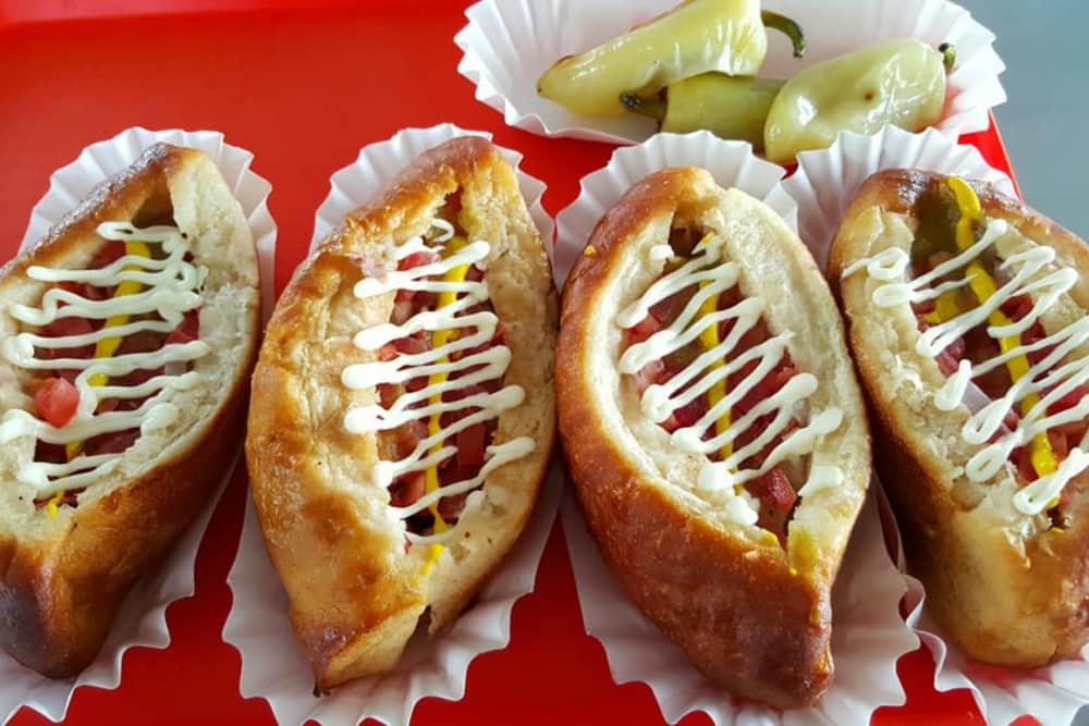 Tray of Sonoran hot dogs from El Guero Canelo