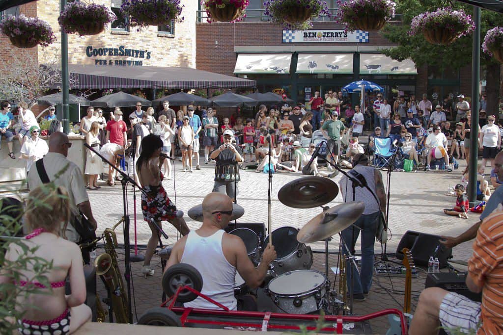 A band performs in downtown Fort Collins CO