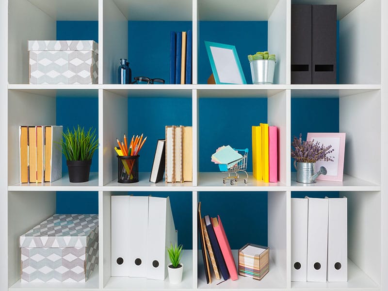 built-in storage shelves with books, photo albums and plants