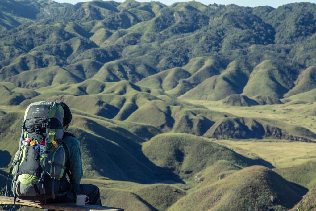 Gap year- man wearing back pack over looking valley of green hills