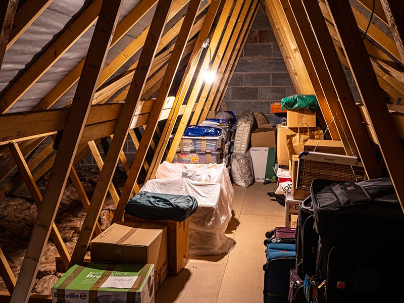 Attic with items in storage bins
