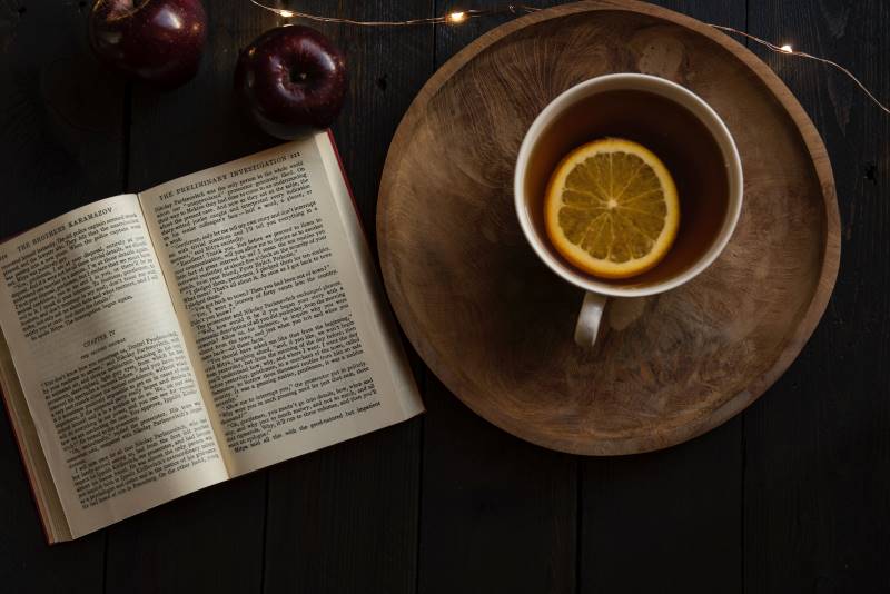 hygge open book with tea