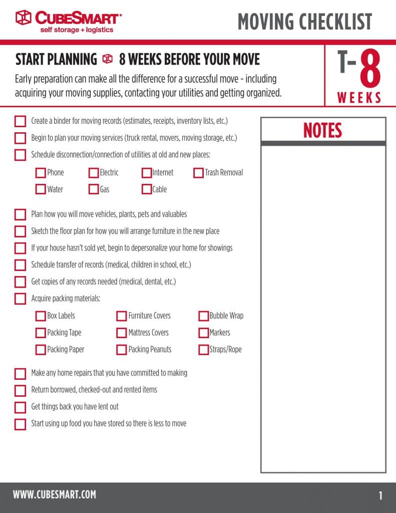 Moving checklist 8 weeks