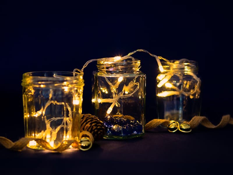 string lights in jars