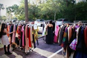 clothing racks at a yard sale
