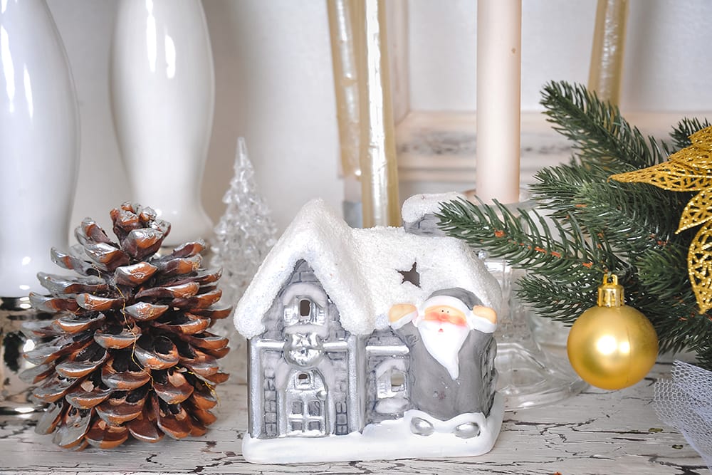 holiday decorations on a shelf