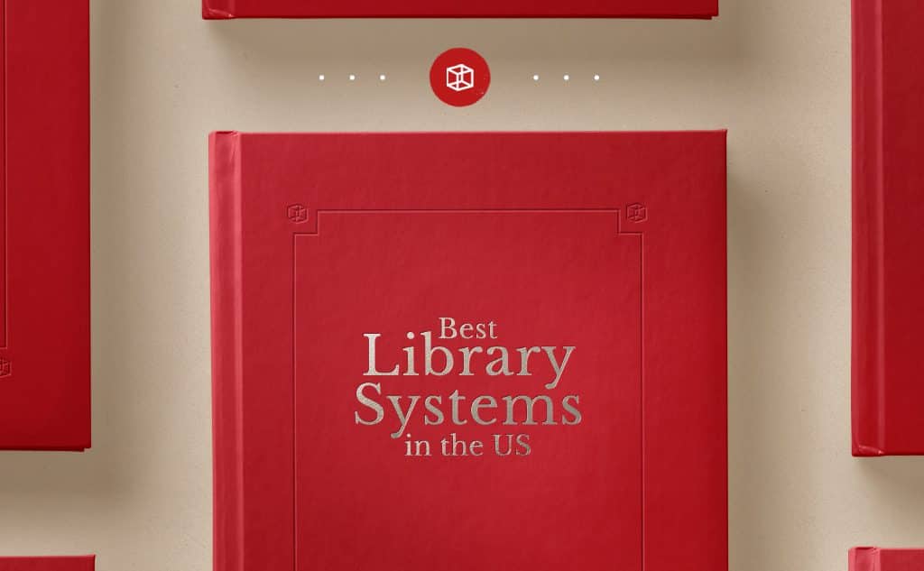 Red book cover on cream background, with embossed gold text reading "Best Library Systems in the US"