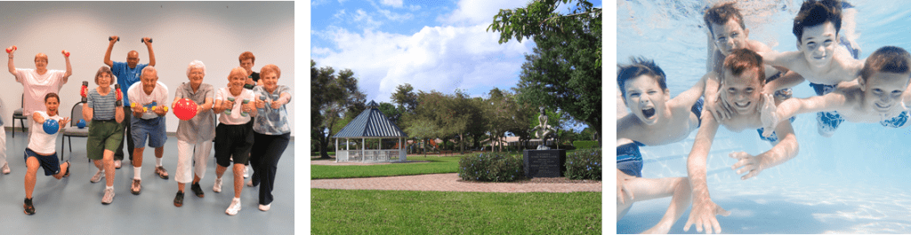 three images of seniors working out, a view of a park, and children swimming at a pool