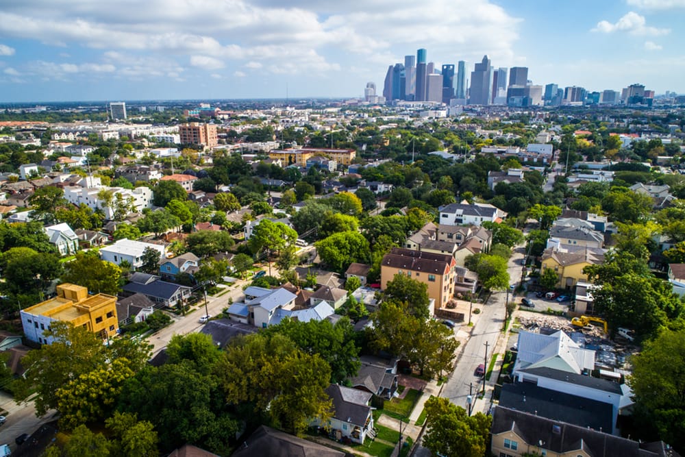 aerial view of downtown houston and surrounding neighborhood