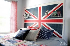 a painted pegboard headboard