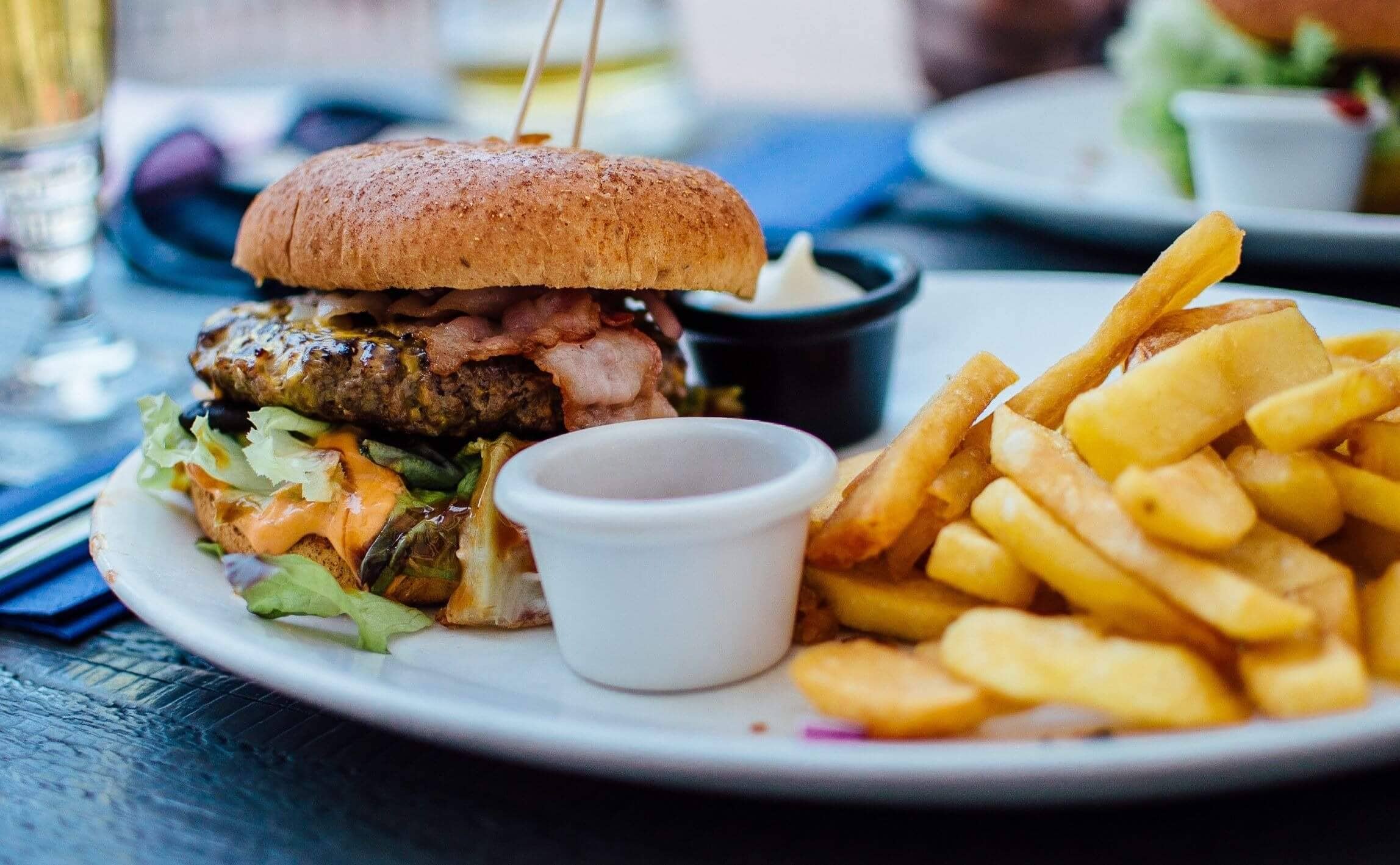 burger and fries on a table