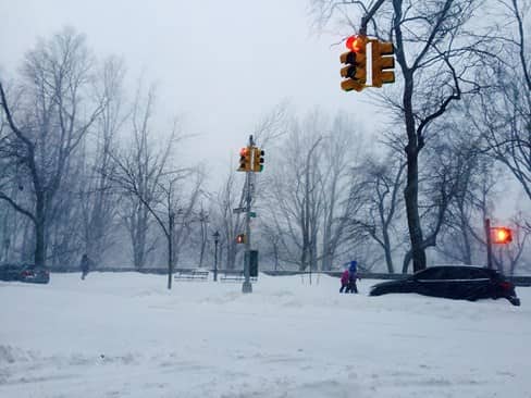 Snow-covered intersections in NYC