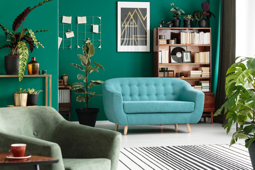 Green living room interior with blue sofa, armchair, wooden cabinet and plants