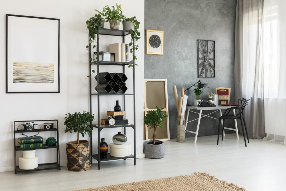 Simple painting on white wall in living room with decorations on a shelf and plants on the floor