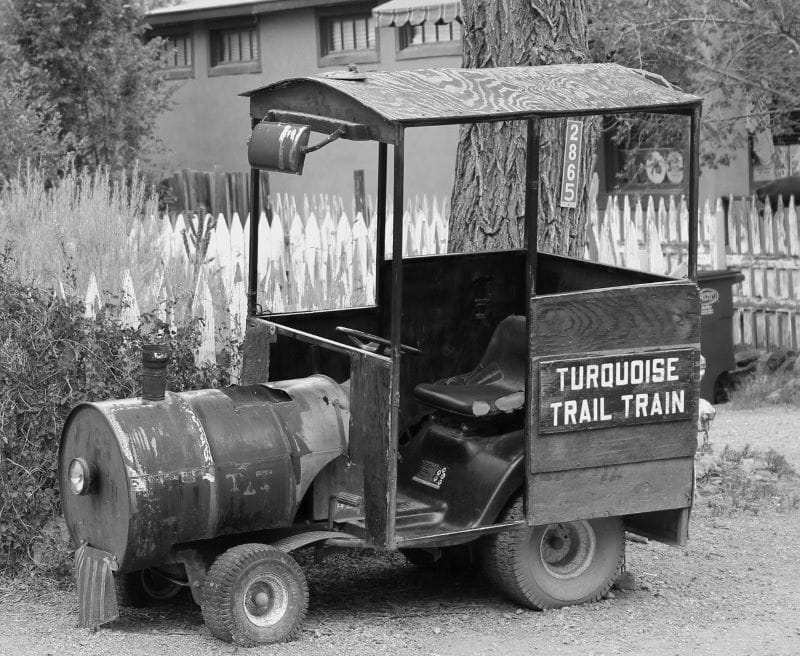 turquoise trail train in black and white