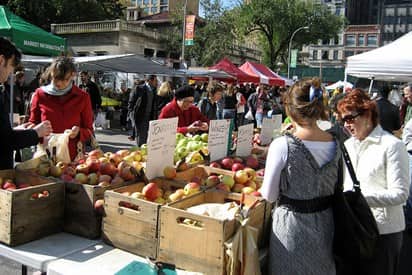 people shopping at the Union Square Greenmarket in NYC