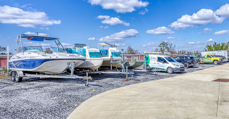 Boats and vans parked outside.